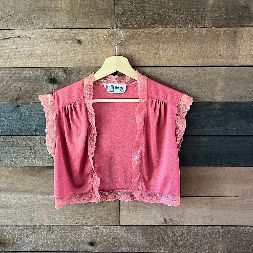 Vintage 70s Coral Pink Lace Trim Cropped Shrug Top Trolley Car XS/S